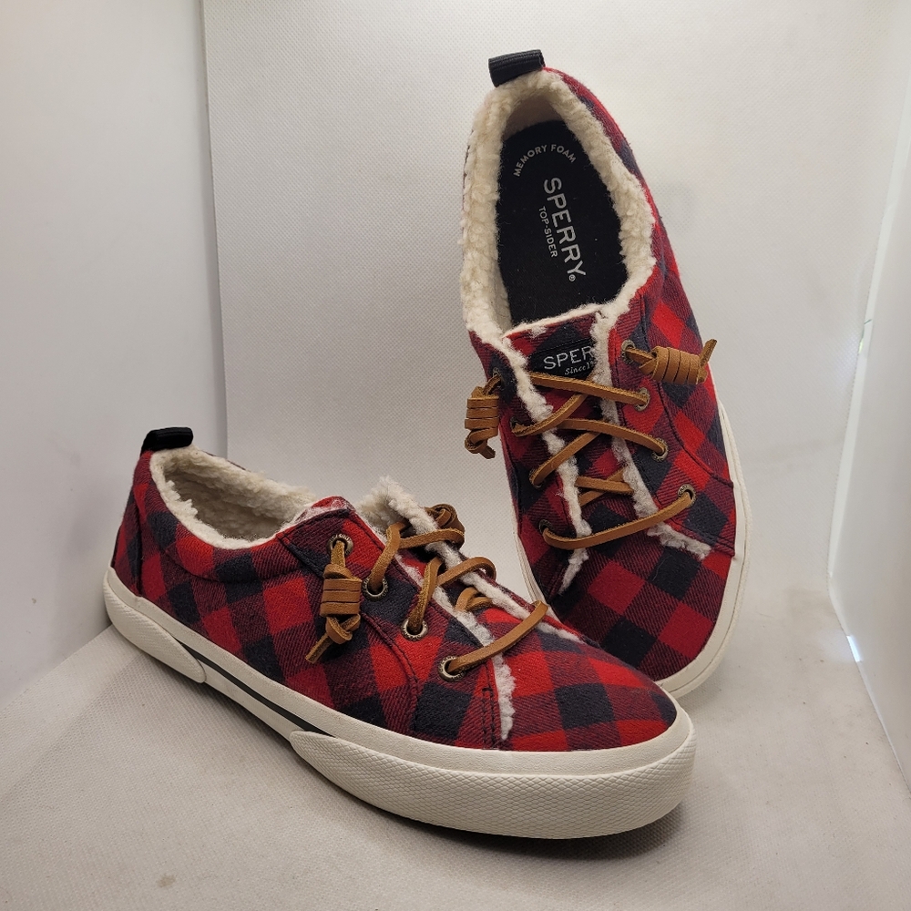 Sperry Top Sider Buffalo Check Plaid Sherpa Designer Soho Slip-on Womens Sz 6